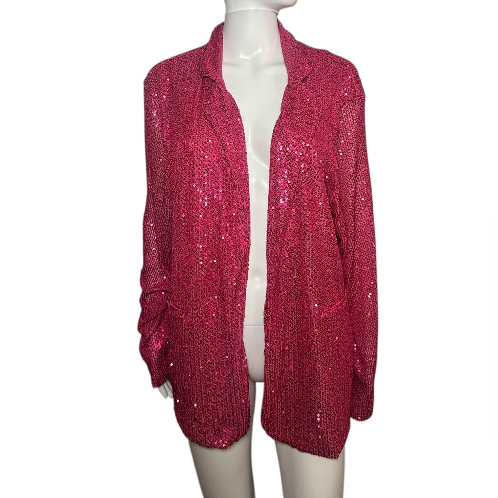Women’s Pink Sequin Blazer Open Front Stretch Lined 2X